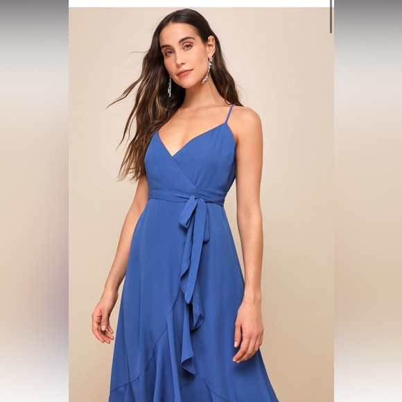 Lulus Blue Ruffled Midi Wrap Dress - Picture 9 of 10